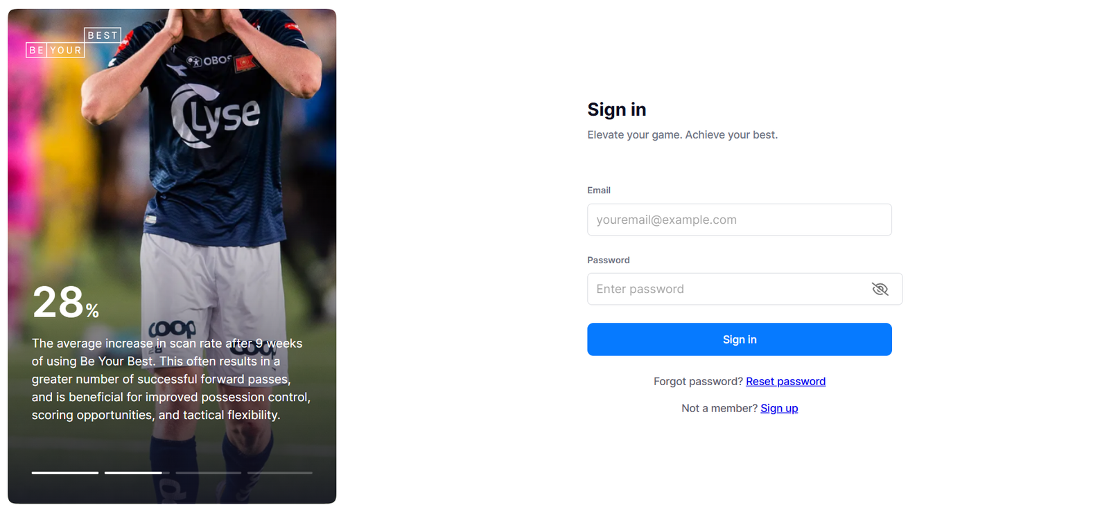 43 - Athlete in a blue jersey on the left with a 28% stat and descriptive text; sign-in form on the right.