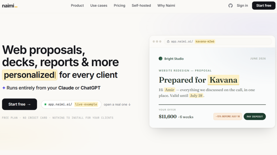 43 - Hero section of Naimi homepage with bold headline about personalized proposals; shows a 'Start free' button and a right-side card mockup resembling an email/offer.