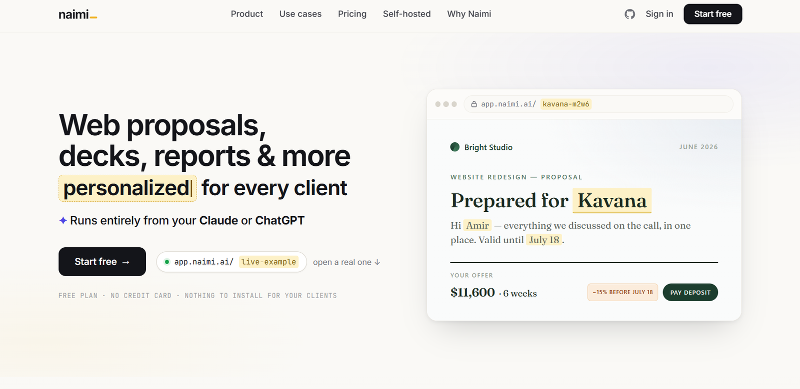 43 - Hero section of Naimi homepage with bold headline about personalized proposals; shows a 'Start free' button and a right-side card mockup resembling an email/offer.