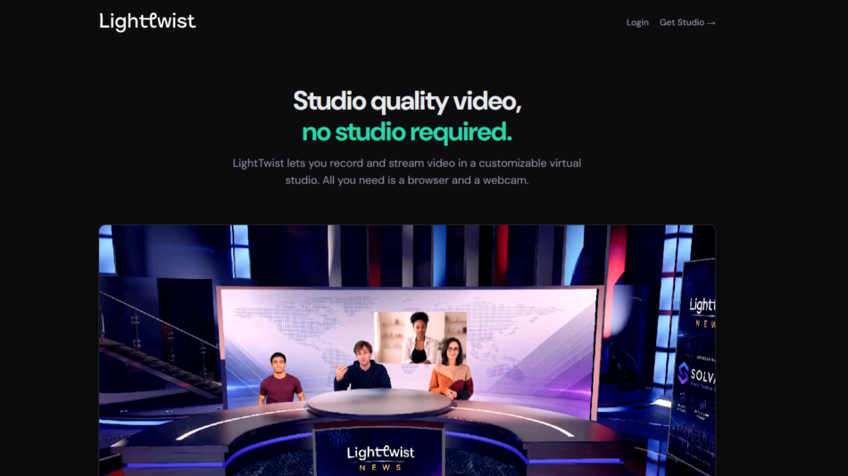 44 - Television studio set with four anchors at a curved desk, world map backdrop, and a LightTwist News sign in the foreground