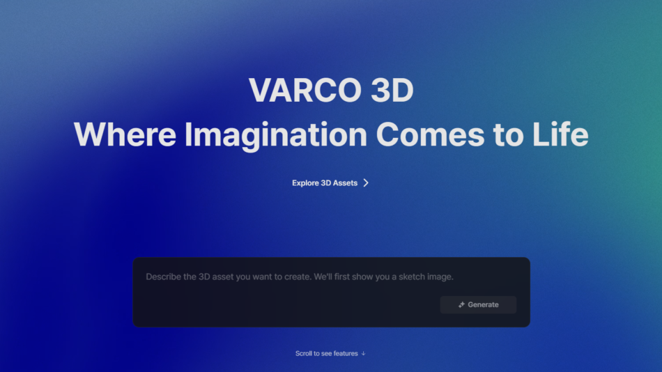 44 - Hero banner for VARCO 3D with white bold slogan on a blue–green gradient background; brand name at top left and actions at top right.