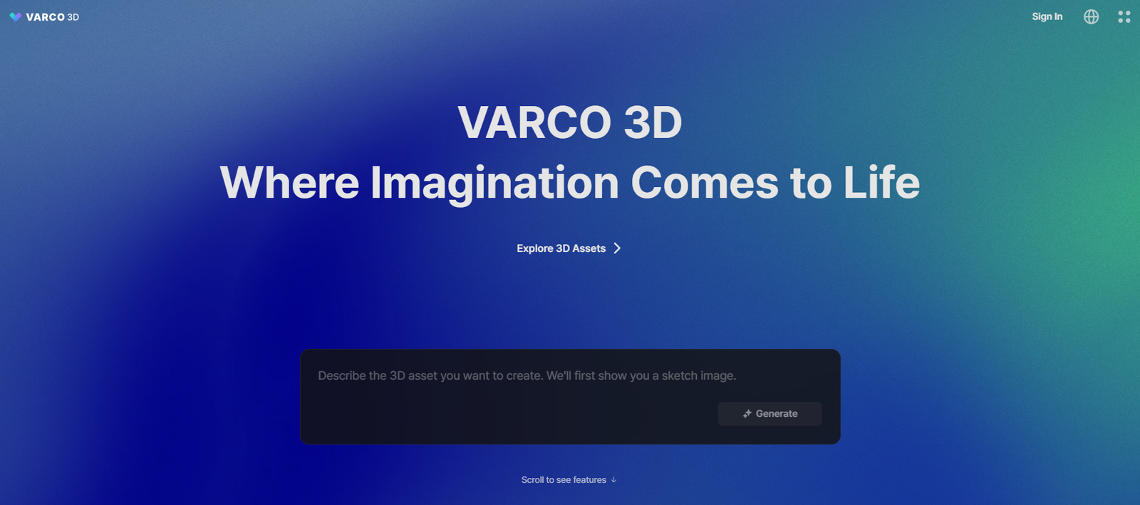 44 - Hero banner for VARCO 3D with white bold slogan on a blue–green gradient background; brand name at top left and actions at top right.