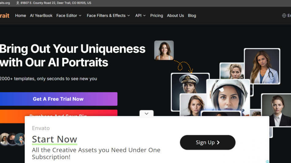 44 - Hero banner promoting AI portraits: bold headline 'Bring Out Your Uniqueness with Our AI Portraits' with collage of portrait thumbnails on dark background.
