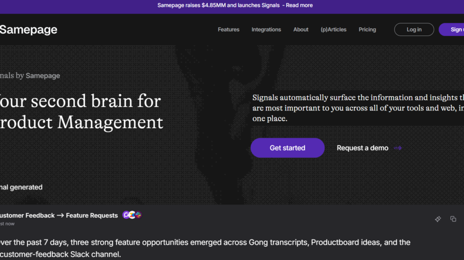 44 - Hero section with Samepage logo and navigation, featuring the headline "Your second brain for Product Management" and two CTAs: "Get started" and "Request a demo".