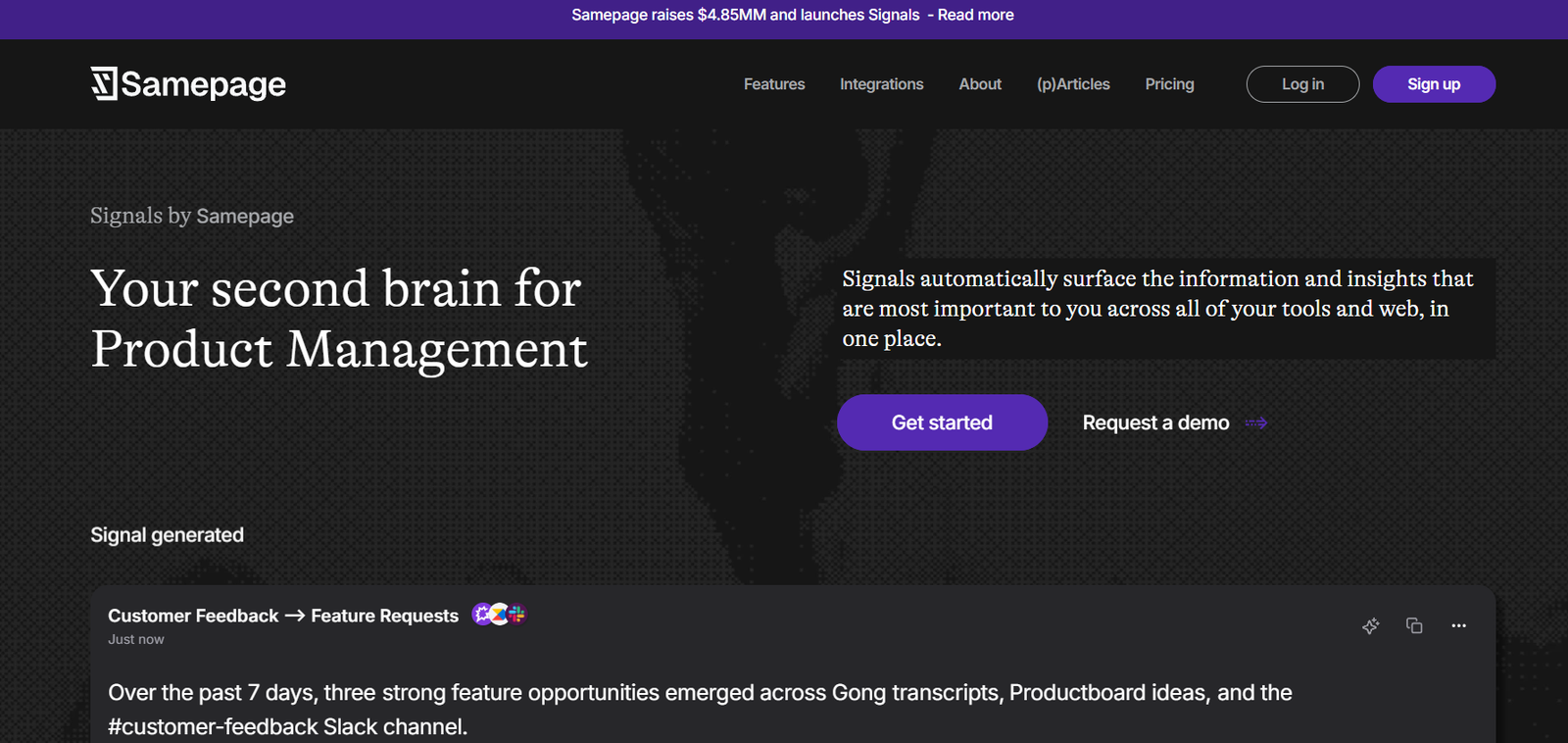44 - Hero section with Samepage logo and navigation, featuring the headline "Your second brain for Product Management" and two CTAs: "Get started" and "Request a demo".
