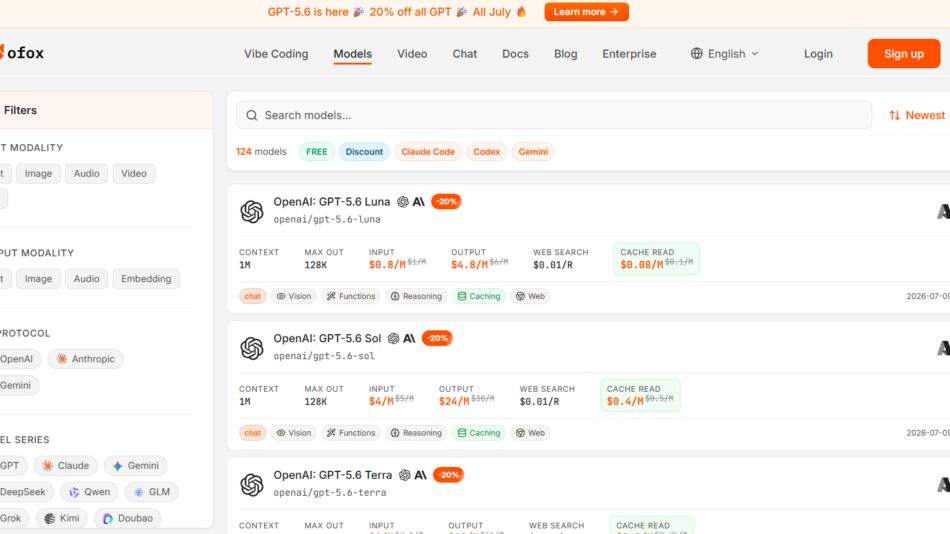 45 - OpenAI model catalog page showing left filters panel and a vertical list of GPT-5.6 model cards.