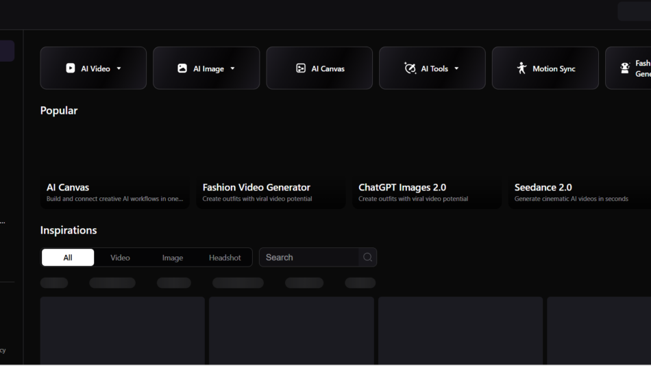 45 - Dark Collart dashboard with left sidebar navigation and rounded feature cards labeled AI Video, AI Image, AI Canvas, AI Tools, Motion Sync, Fashion Video Generator.