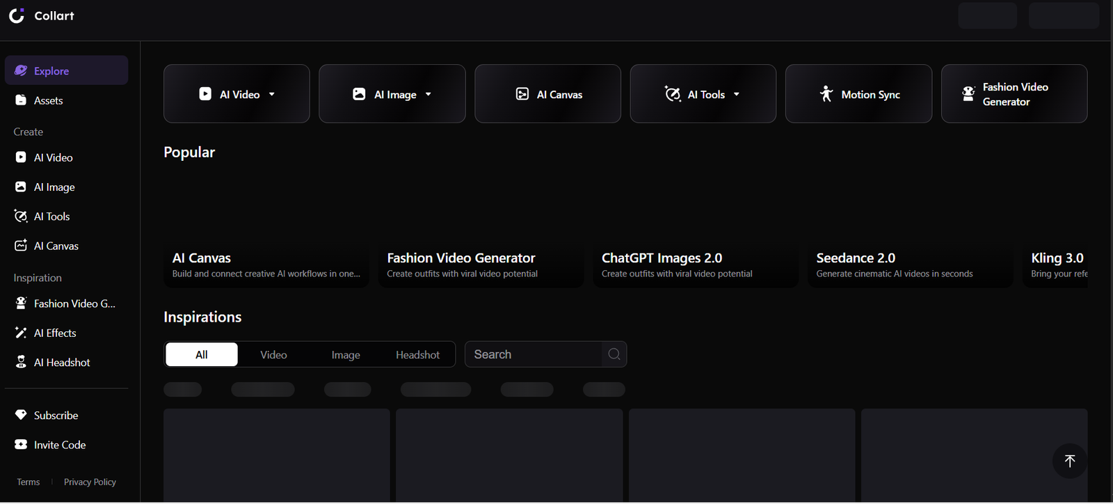 45 - Dark Collart dashboard with left sidebar navigation and rounded feature cards labeled AI Video, AI Image, AI Canvas, AI Tools, Motion Sync, Fashion Video Generator.