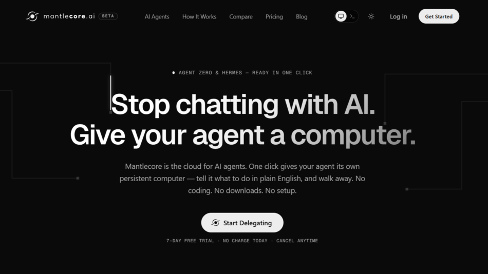 45 - Dark hero banner with bold white headline: 'Stop chatting with AI. Give your agent a computer.' and a rounded 'Start Delegating' button on a black background.
