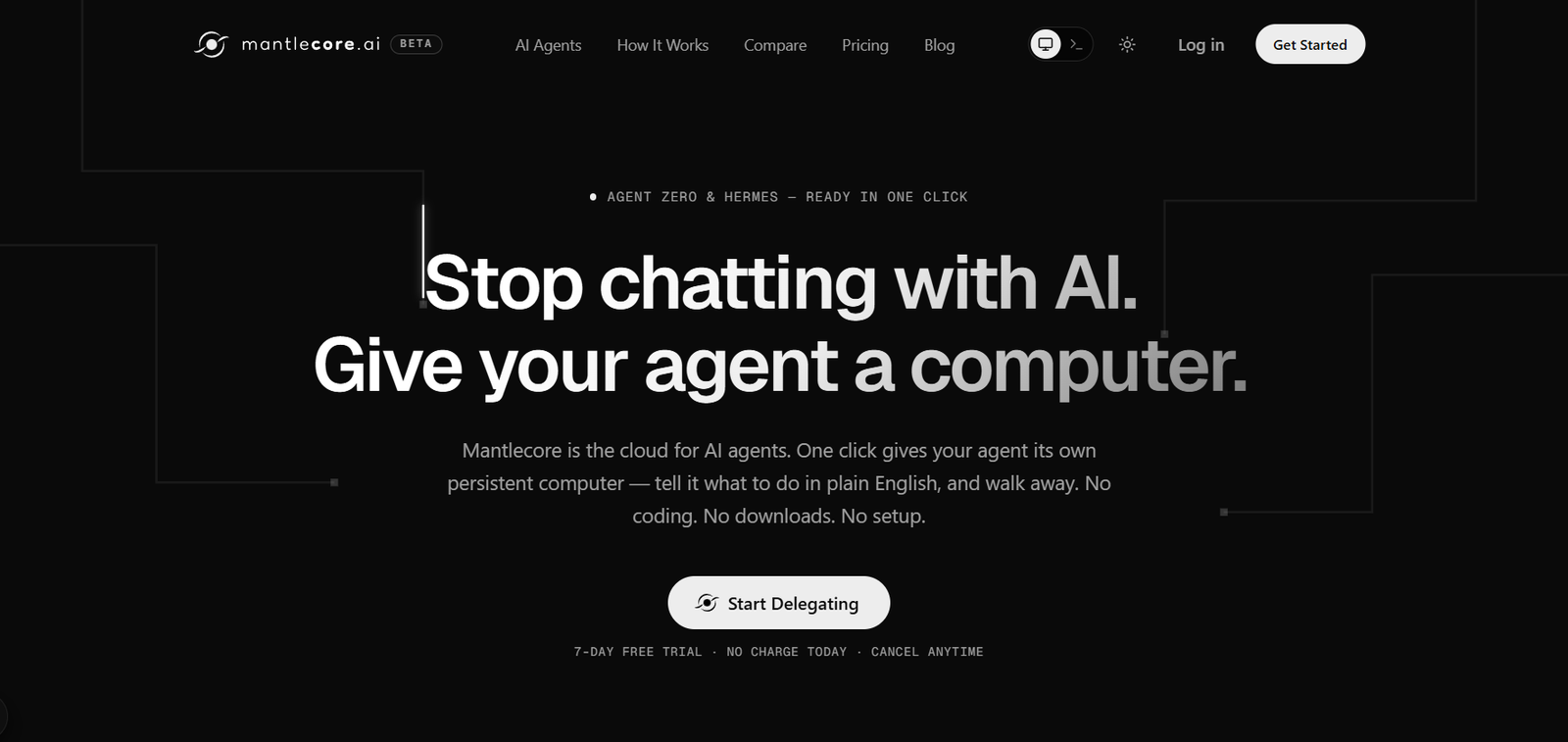 45 - Dark hero banner with bold white headline: 'Stop chatting with AI. Give your agent a computer.' and a rounded 'Start Delegating' button on a black background.