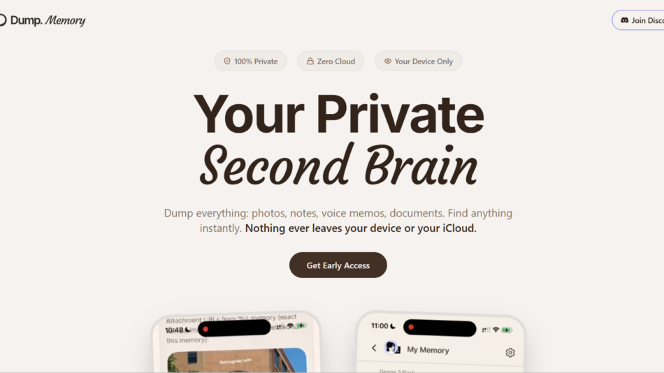 46 - Hero banner for memory app: large headline 'Your Private Second Brain' with beige background and a brown rounded 'Get Early Access' button.