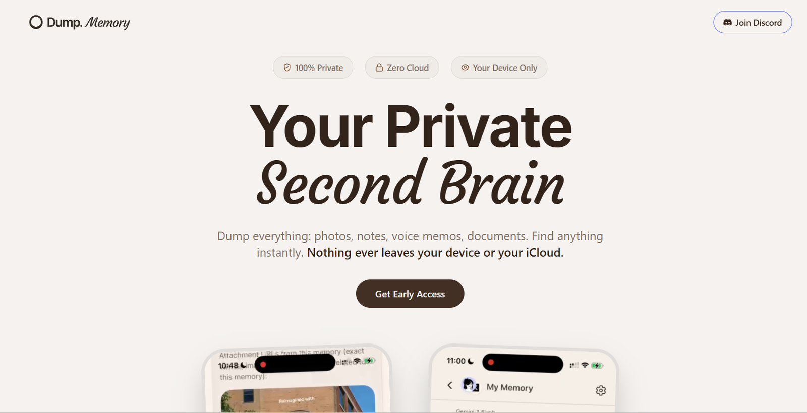 46 - Hero banner for memory app: large headline 'Your Private Second Brain' with beige background and a brown rounded 'Get Early Access' button.