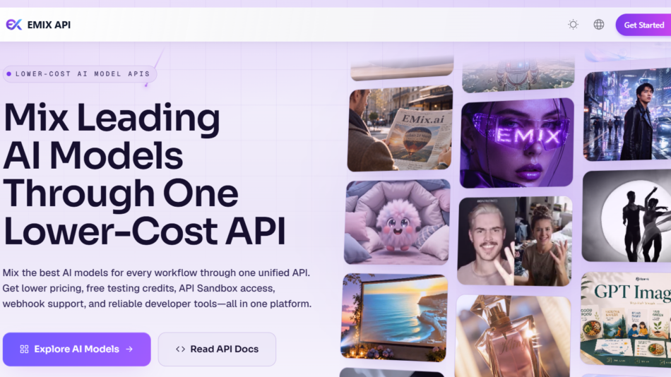 46 - Hero section for EMIX API with bold headline 'Mix Leading AI Models Through One Lower-Cost API', large left-aligned text and a grid of rounded image thumbnails on the right; purple Get Started button visible at top-right.