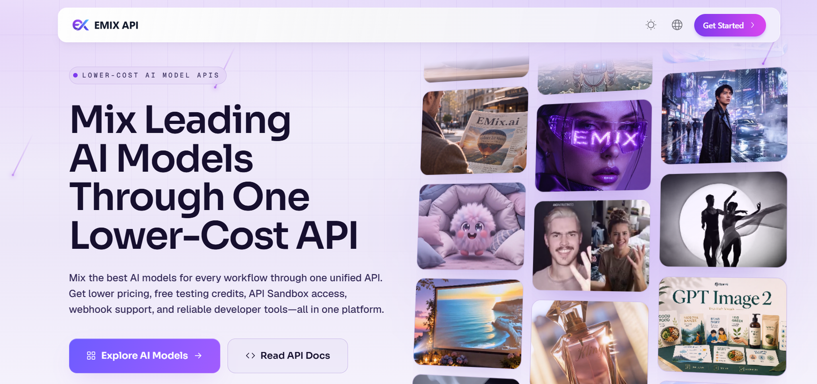 46 - Hero section for EMIX API with bold headline 'Mix Leading AI Models Through One Lower-Cost API', large left-aligned text and a grid of rounded image thumbnails on the right; purple Get Started button visible at top-right.