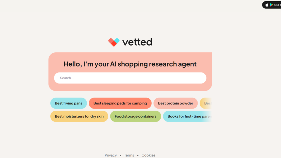 46 - Vetted AI shopping assistant hero with a peach rounded panel, headline, large rounded search field, and colorful category chips like 'Best frying pans'