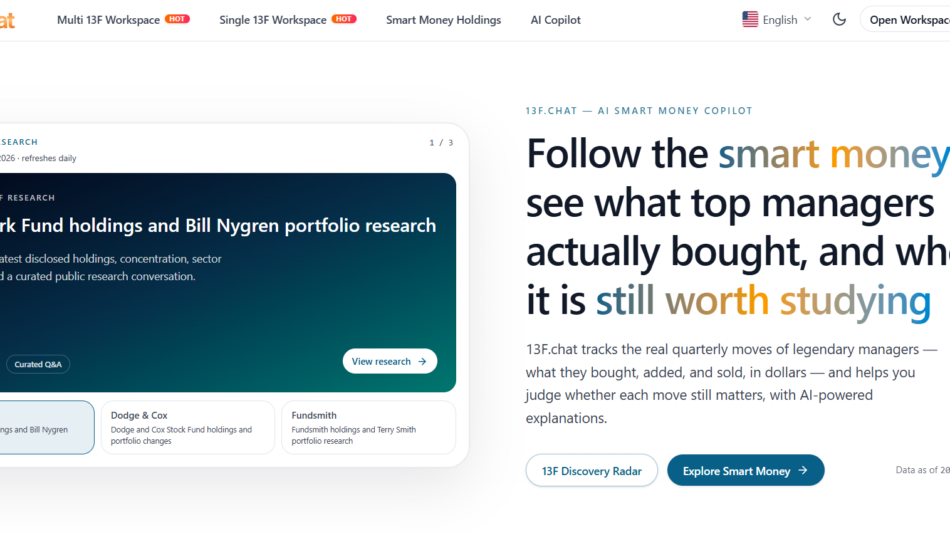 46 - Hero banner for 13F.chat: left rounded card previews Oakmark Fund holdings research; right bold headline invites following smart money moves.