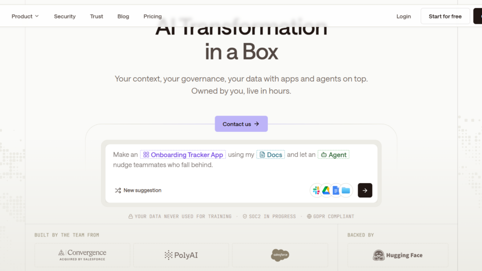 Hero banner for Zaro: 'AI Transformation in a Box' with supporting text and a purple 'Contact us' button.