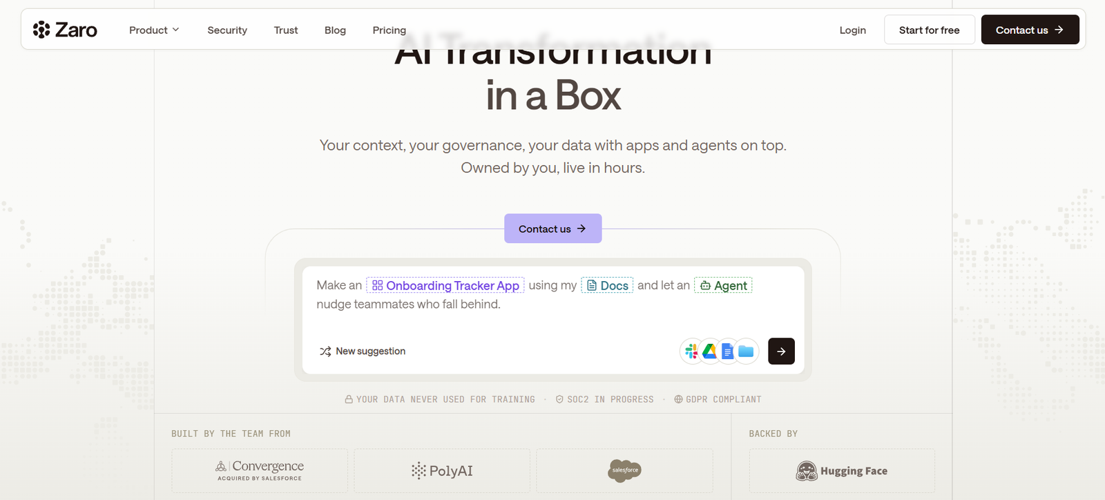 46 - Hero banner for Zaro: 'AI Transformation in a Box' with supporting text and a purple 'Contact us' button.