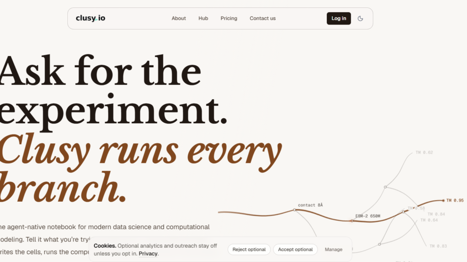 47 - Hero banner with bold serif headline: 'Ask for the experiment. Clusy runs every branch.' and a subtle graph on the right; navigation bar above and cookies banner below.