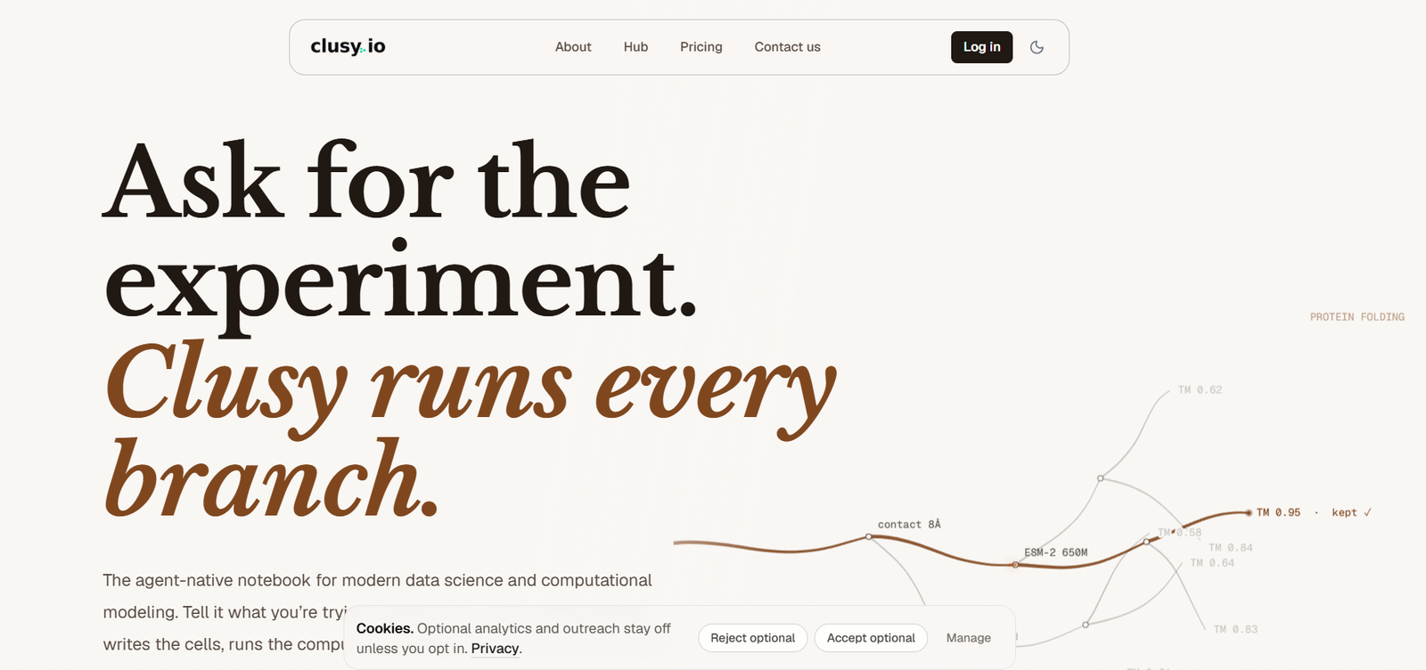47 - Hero banner with bold serif headline: 'Ask for the experiment. Clusy runs every branch.' and a subtle graph on the right; navigation bar above and cookies banner below.