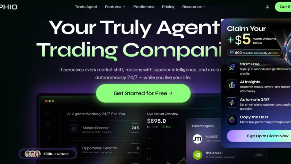 47 - Hero section for Alphio trading platform with bold headline and a bright green Get Started button, plus a floating promotional modal on the right offering bonuses and a Sign Up CTA.