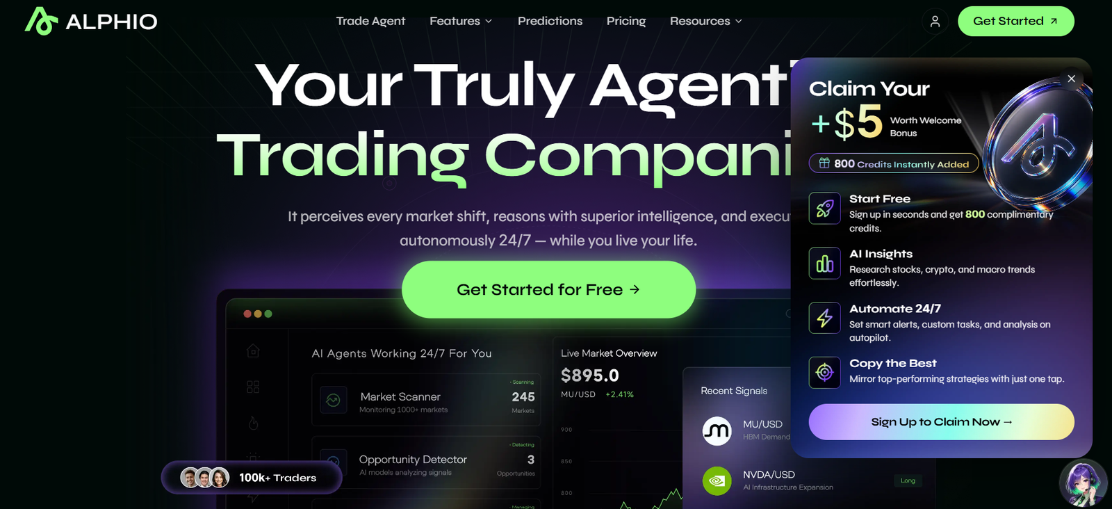 47 - Hero section for Alphio trading platform with bold headline and a bright green Get Started button, plus a floating promotional modal on the right offering bonuses and a Sign Up CTA.