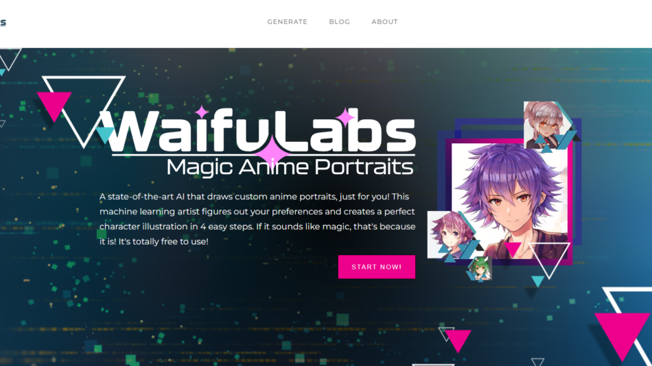 47 - WaifuLabs hero banner with bold logo and 'Magic Anime Portraits' subtitle, featuring geometric shapes and a collage of anime portraits with a pink 'START NOW' button