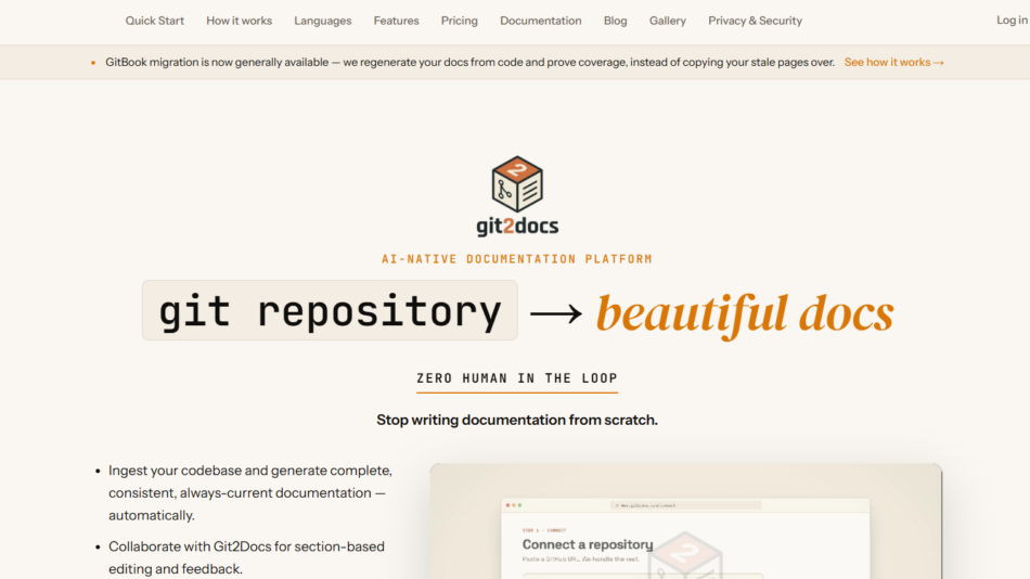 Git2Docs homepage hero with logo and the slogan 'git repository → beautiful docs' on a beige background