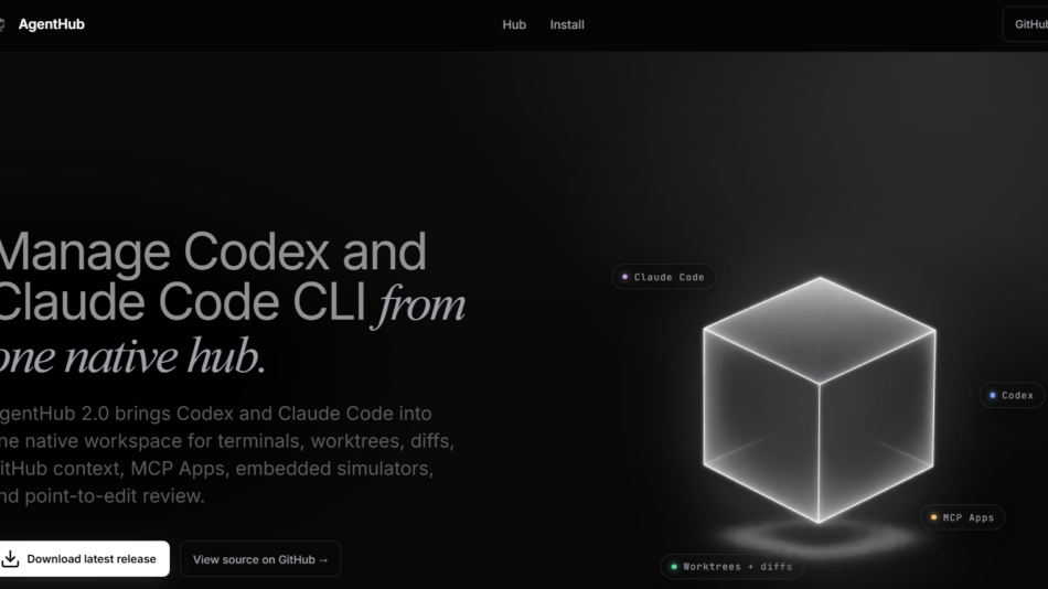 47 - Dark hero banner with large, light-gray title: 'Manage Codex and Claude Code CLI from one native hub' and subtitle on the left; glowing 3D cube on the right with floating labels like 'Claude Code', 'Codex', 'MCP Apps', and 'Worktrees + diffs'.