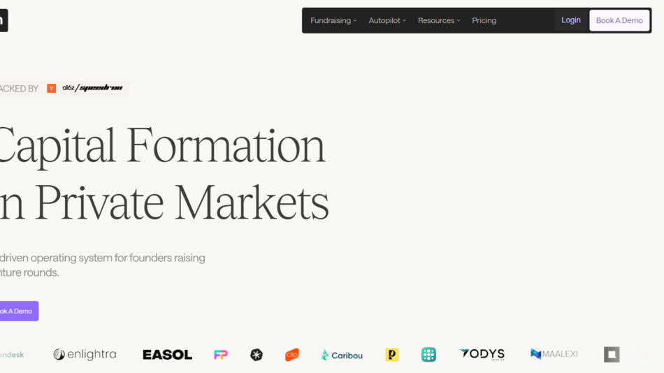 Hero section with the headline 'Capital Formation In Private Markets' and subheading about an AI-driven operating system for founders; top navigation bar, 'Backed by' sponsor logos, and a 'Book A Demo' button visible above a logos row.