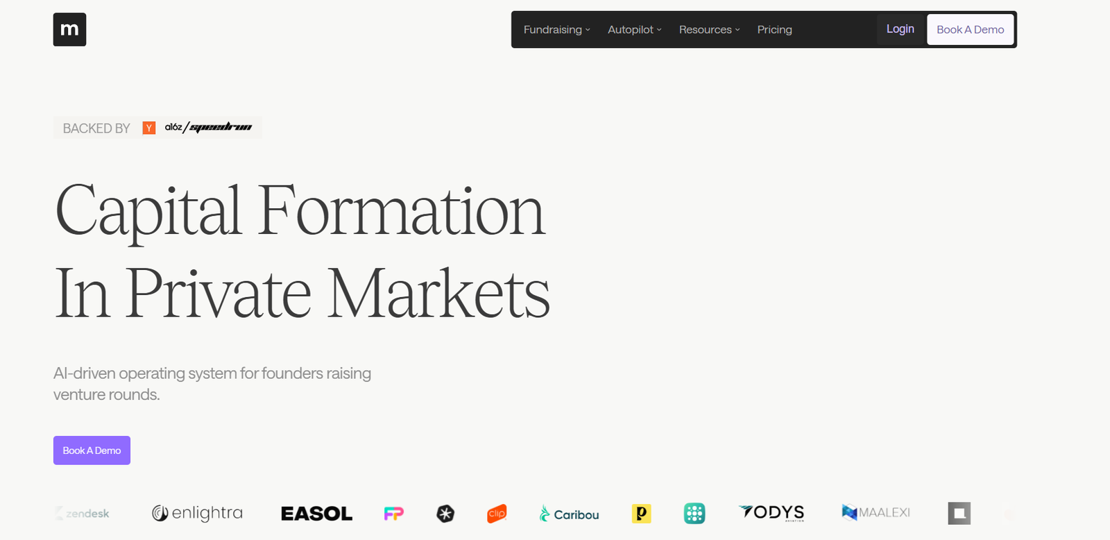 48 - Hero section with the headline 'Capital Formation In Private Markets' and subheading about an AI-driven operating system for founders; top navigation bar, 'Backed by' sponsor logos, and a 'Book A Demo' button visible above a logos row.