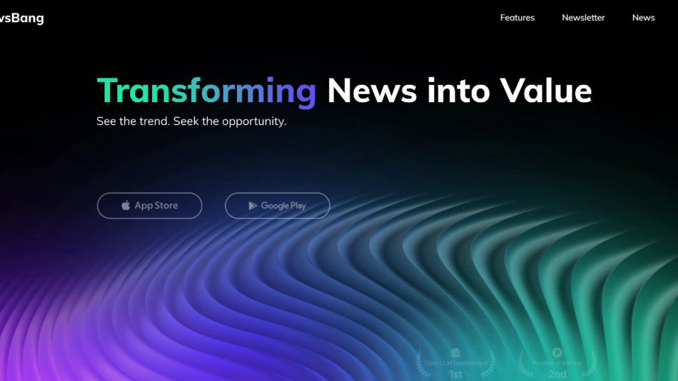 Hero header with NewsBang logo, the gradient headline 'Transforming News into Value' and app-store buttons on a dark gradient background.