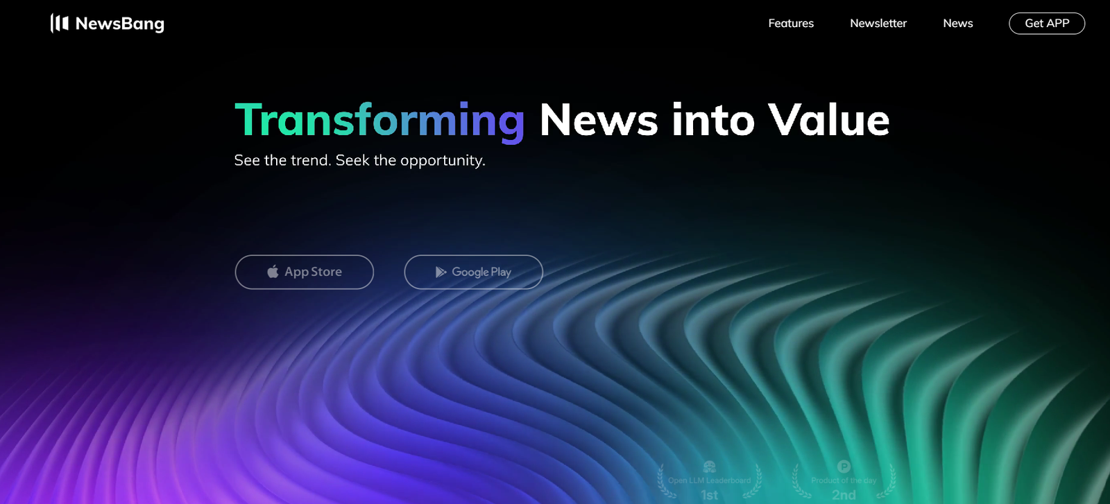 48 - Hero header with NewsBang logo, the gradient headline 'Transforming News into Value' and app-store buttons on a dark gradient background.