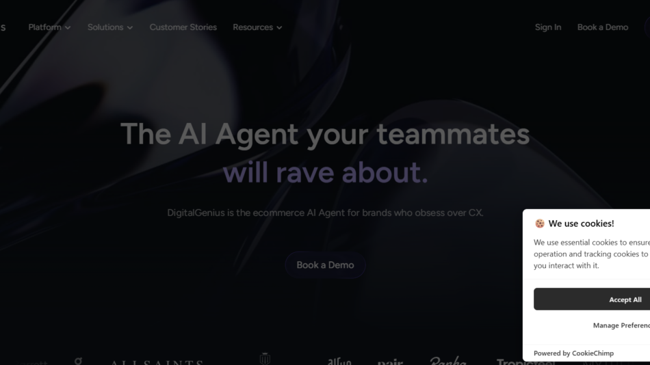 Dark hero banner with a large centered headline: 'The AI Agent your teammates will rave about' and a faint 'Book a Demo' button below, plus a cookie consent panel on the right side.