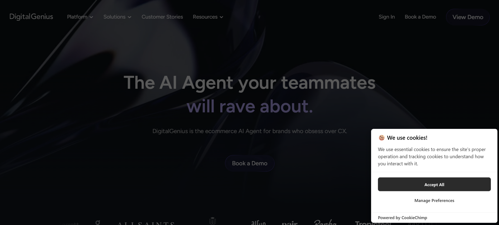 48 - Dark hero banner with a large centered headline: 'The AI Agent your teammates will rave about' and a faint 'Book a Demo' button below, plus a cookie consent panel on the right side.