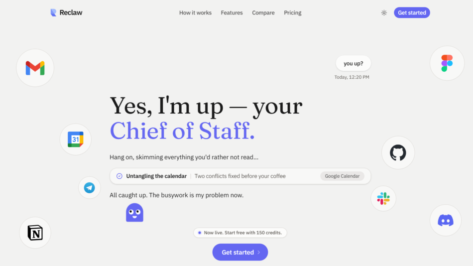 48 - Hero header for Reclaw: 'Yes, I'm up — your Chief of Staff' with floating circular app icons (Gmail, Calendar, Telegram, GitHub, Notion, Slack, Figma) around a pale gray background.