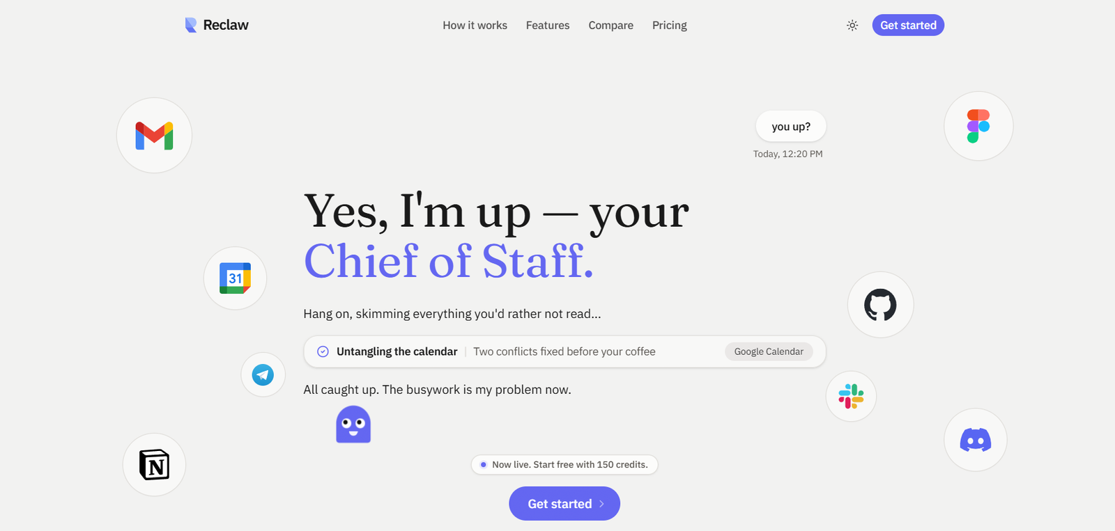 48 - Hero header for Reclaw: 'Yes, I'm up — your Chief of Staff' with floating circular app icons (Gmail, Calendar, Telegram, GitHub, Notion, Slack, Figma) around a pale gray background.