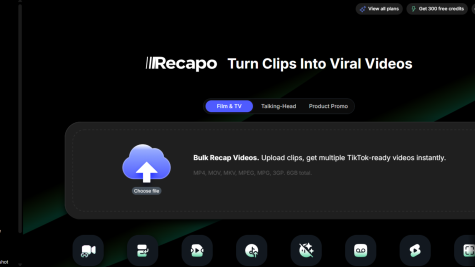 48 - Recapo hero: dark page with left navigation, large title 'Turn Clips Into Viral Videos', selected 'Film & TV' tab, and a large upload panel with a cloud icon and 'Bulk Recap Videos' text.