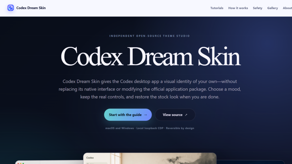 Hero banner with dark blue gradient, large 'Codex Dream Skin' headline and two call-to-action buttons: 'Start with the guide' and 'View source'.