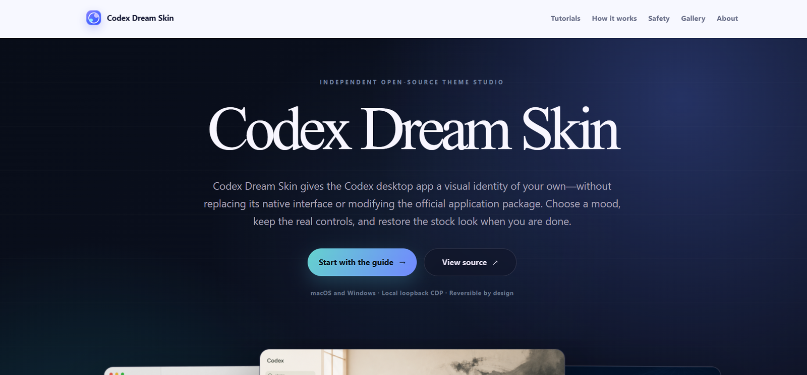 49 - Hero banner with dark blue gradient, large 'Codex Dream Skin' headline and two call-to-action buttons: 'Start with the guide' and 'View source'.
