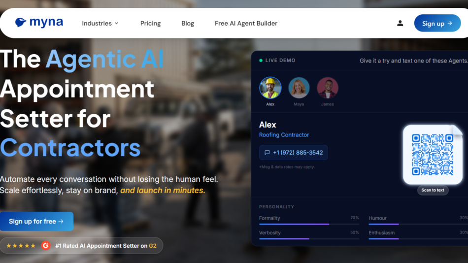 49 - Hero banner for AI appointment setter service targeting contractors, with bold headline and a floating live demo panel showing Alex the Roofing Contractor and a QR code.