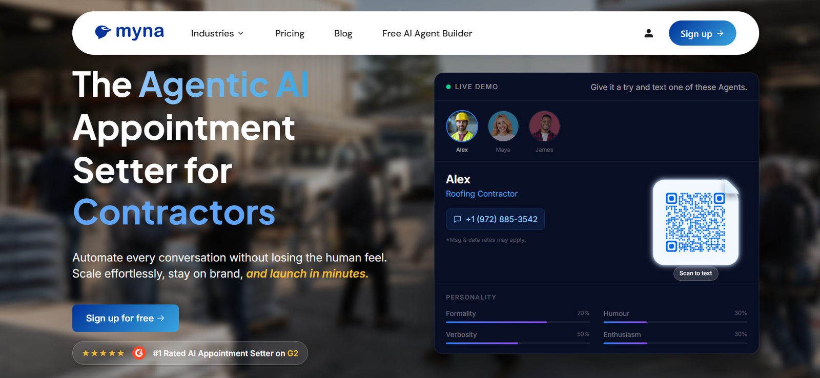 49 - Hero banner for AI appointment setter service targeting contractors, with bold headline and a floating live demo panel showing Alex the Roofing Contractor and a QR code.