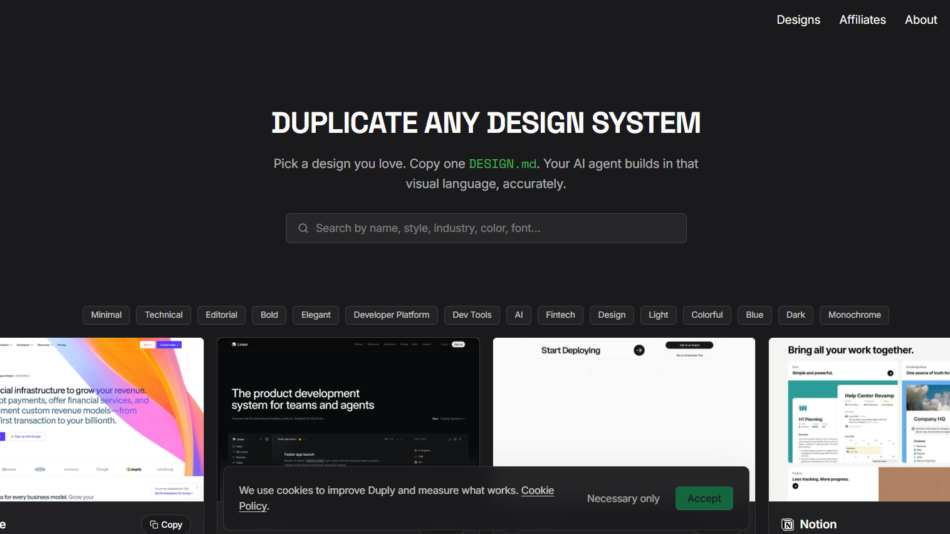 5 - Dark homepage hero: title 'DUPLICATE ANY DESIGN SYSTEM' with search box and category tags under a black header navigation bar.