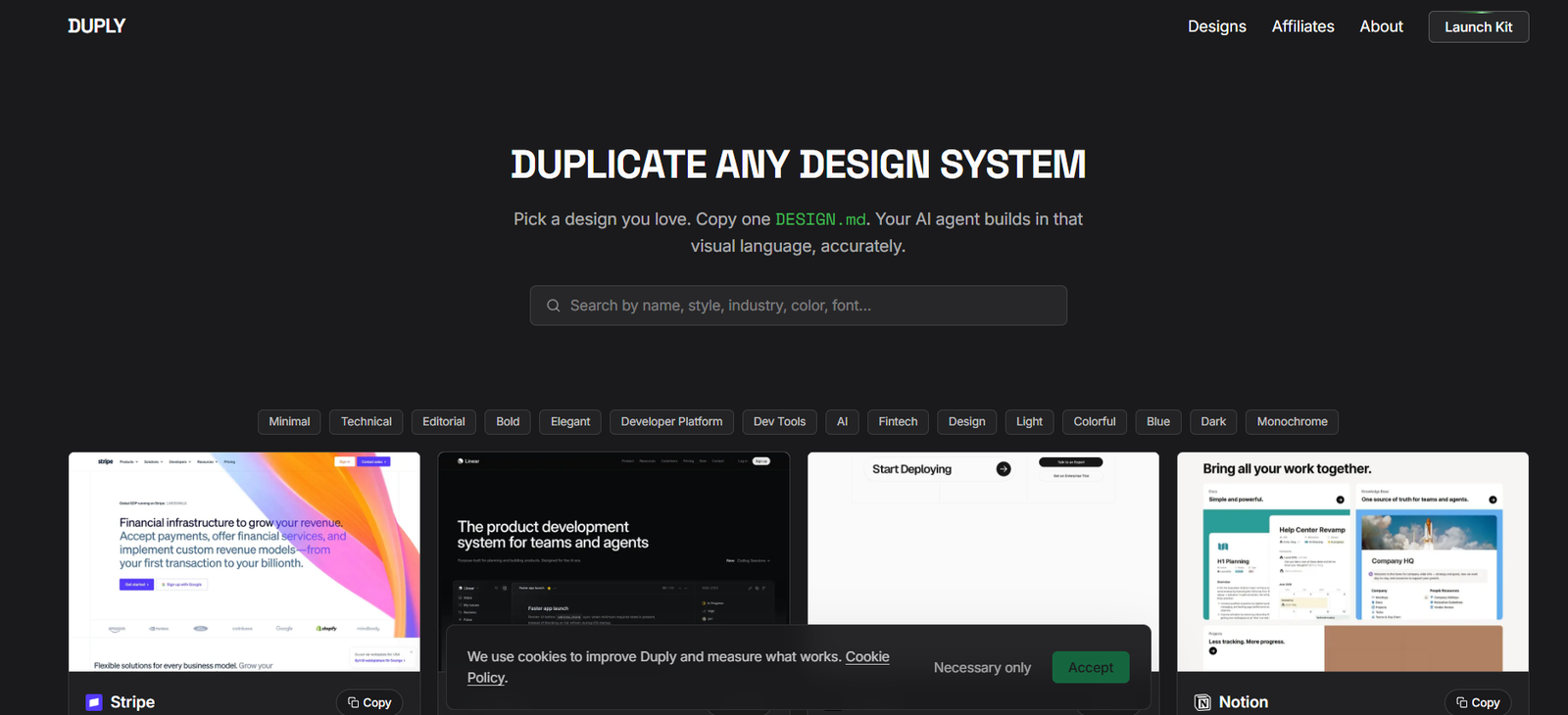 5 - Dark homepage hero: title 'DUPLICATE ANY DESIGN SYSTEM' with search box and category tags under a black header navigation bar.