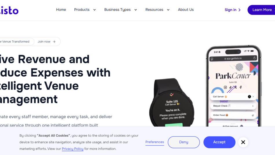 5 - Hero section showing headline 'Drive Revenue and Reduce Expenses with Intelligent Venue Management' with a smartwatch and a smartphone displaying a venue app on the right and left margins.