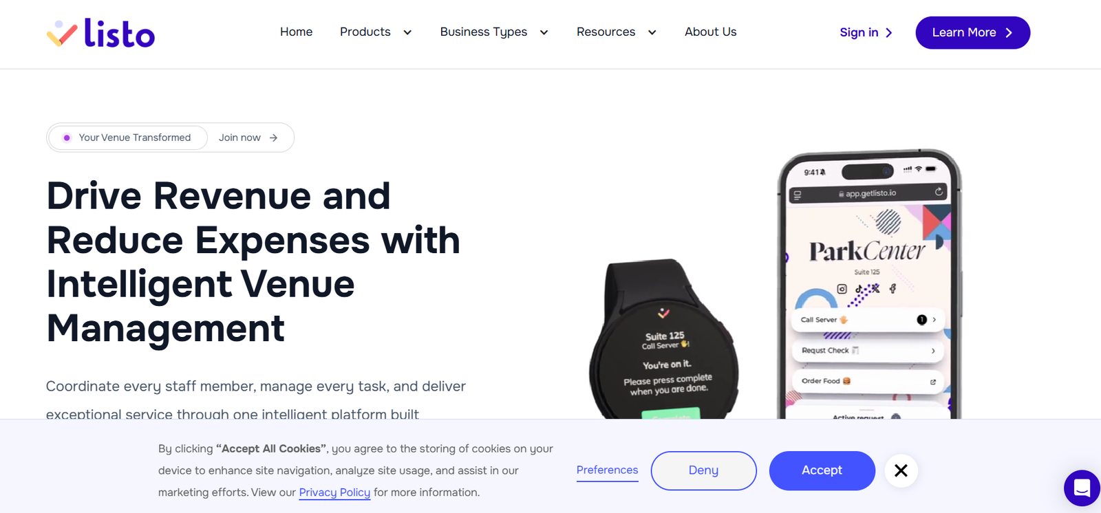 5 - Hero section showing headline 'Drive Revenue and Reduce Expenses with Intelligent Venue Management' with a smartwatch and a smartphone displaying a venue app on the right and left margins.