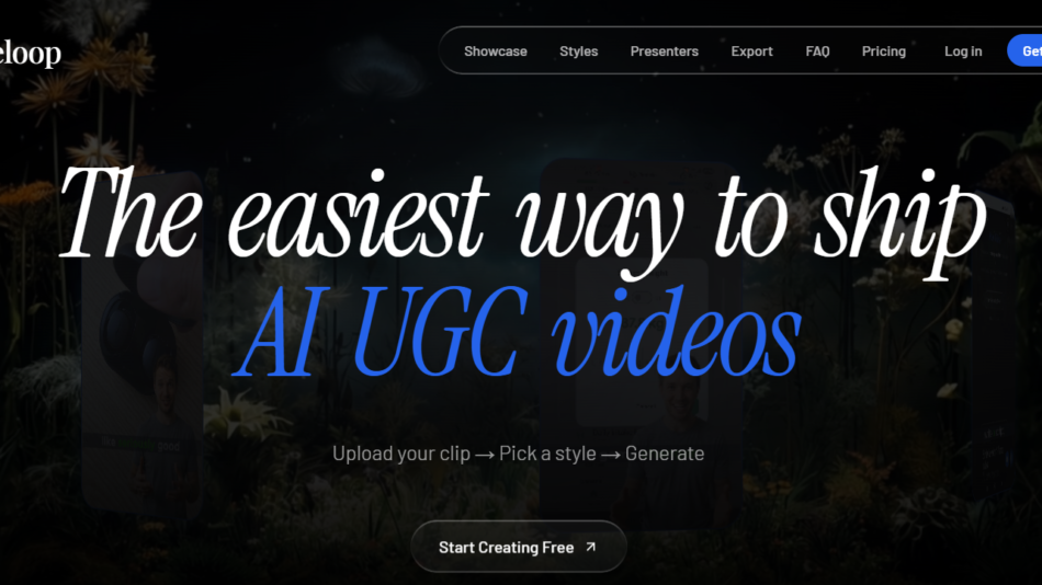 5 - Hero banner for Rel oop: dark background with white script headline 'The easiest way to ship' and blue 'AI UGC videos', nav bar and 'Start Creating Free' button.
