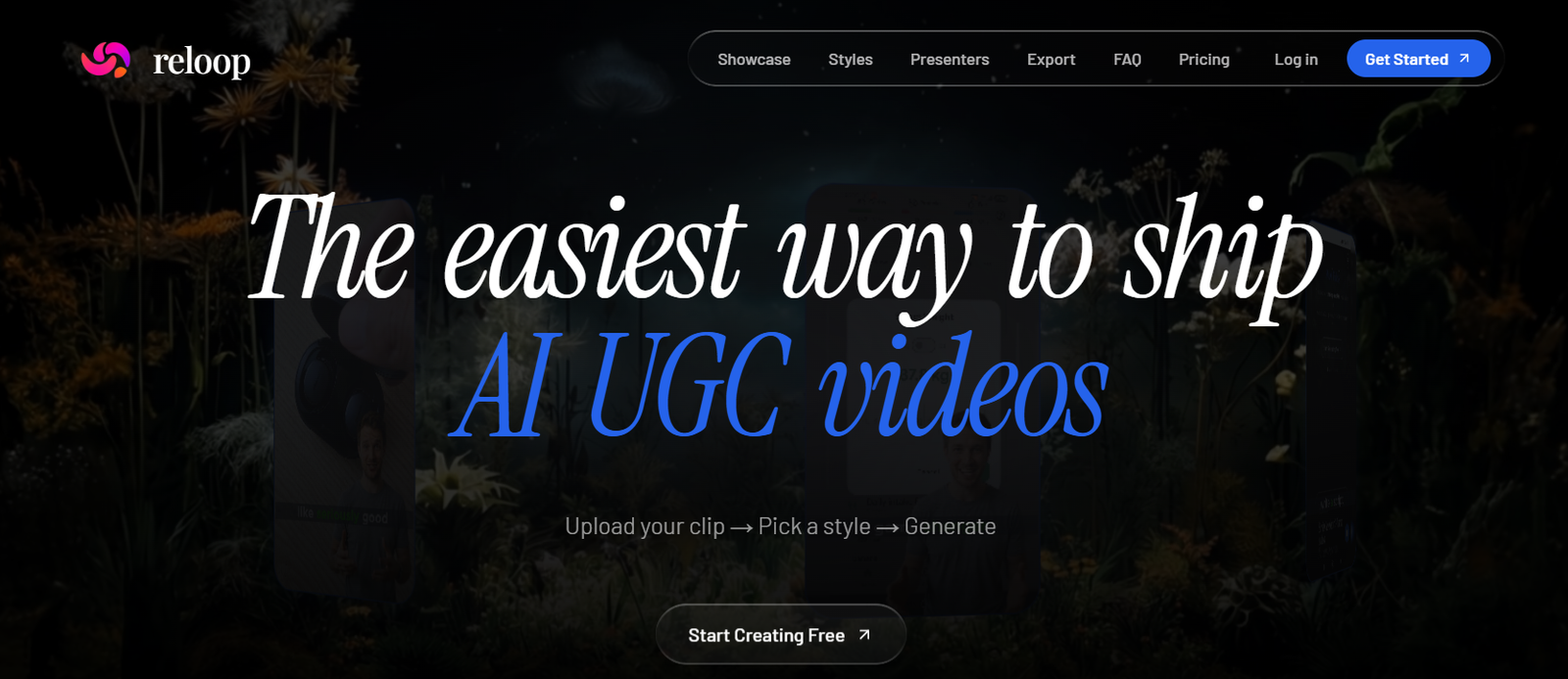 5 - Hero banner for Rel oop: dark background with white script headline 'The easiest way to ship' and blue 'AI UGC videos', nav bar and 'Start Creating Free' button.
