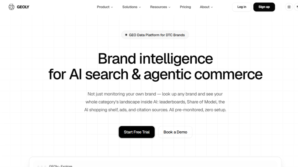 5 - Hero banner for GEOLY: large headline 'Brand intelligence for AI search & agentic commerce' with subtitle and two CTA buttons 'Start Free Trial' and 'Book a Demo' on a grid-pattern background.