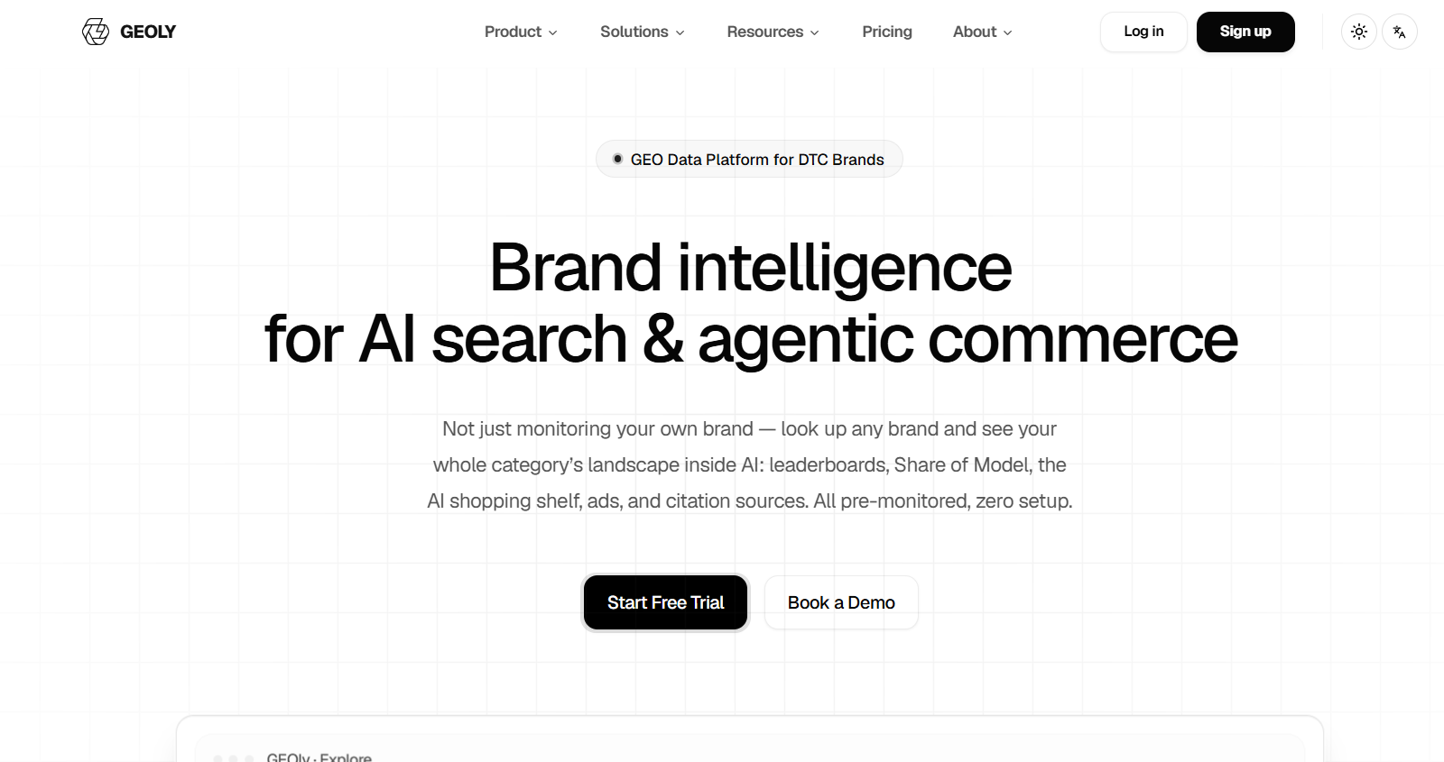 5 - Hero banner for GEOLY: large headline 'Brand intelligence for AI search & agentic commerce' with subtitle and two CTA buttons 'Start Free Trial' and 'Book a Demo' on a grid-pattern background.